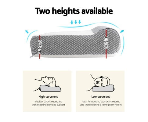 Fitlybuy Giselle memory foam contour pillow with two height options (10.5cm and 11.5cm) for different sleep styles.