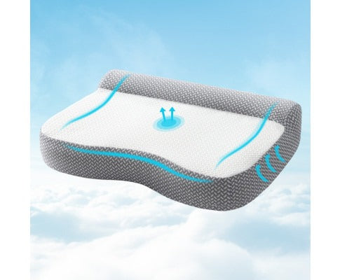 Fitlybuy Giselle memory foam contour pillow with grey patterned border and white top, floating against a blue sky.