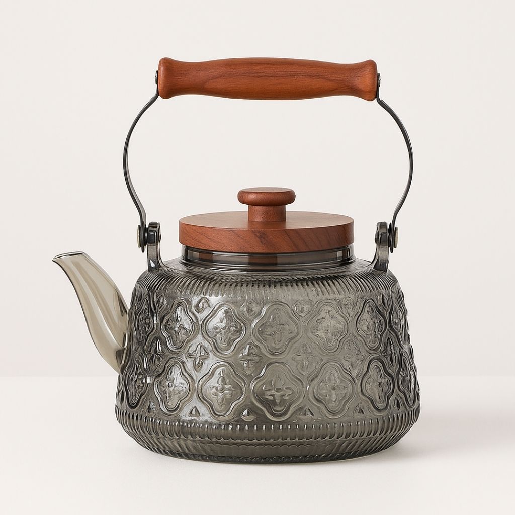 Fitlybuy Zoie glass teapot in grey with an embossed pattern, wooden lid, and matching wooden handle on a cream background.