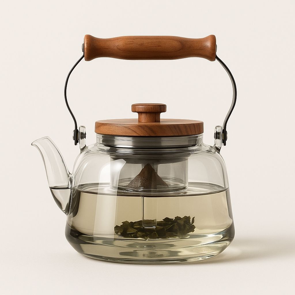 Fitlybuy Zoie glass teapot with an infuser, wooden lid and handle, and brewed tea, set against a plain cream background.