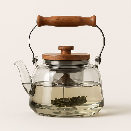 Fitlybuy Zoie glass teapot with an infuser, wooden lid and handle, and brewed tea, set against a plain cream background.
