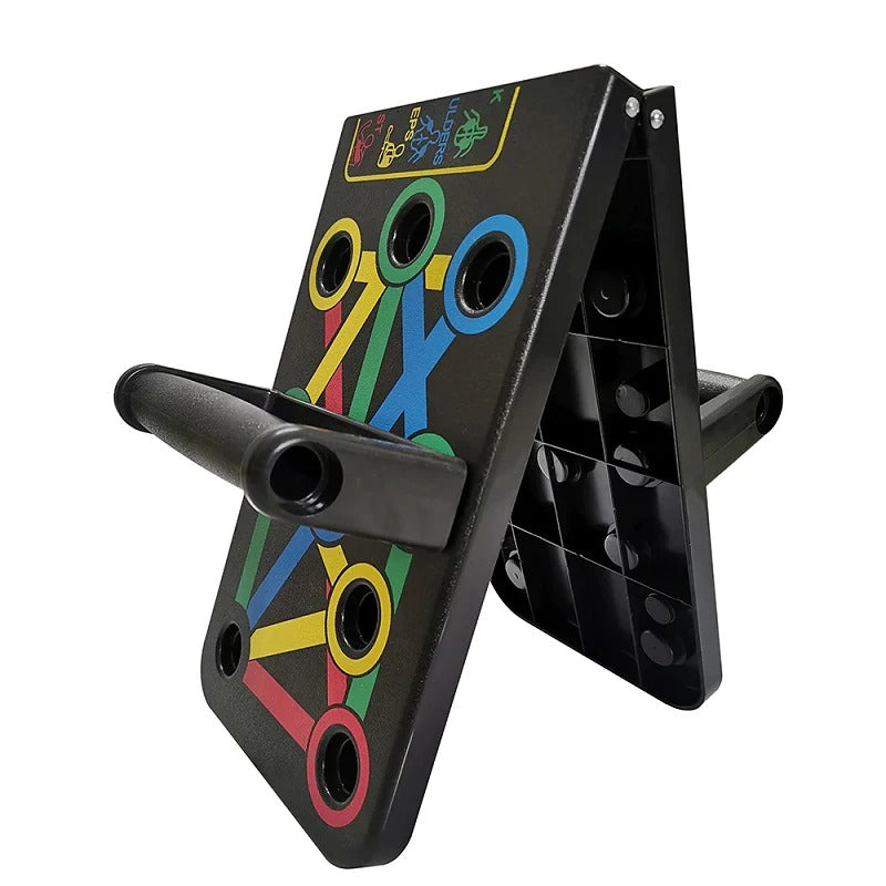 Black foldable Fitlybuy push-up board with ergonomic grips and color-coded muscle training guides. Isolated on white.
