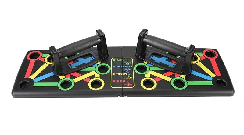 Black folding push-up board with color-coded slots for specific muscle groups and two ergonomic black grip handles.
