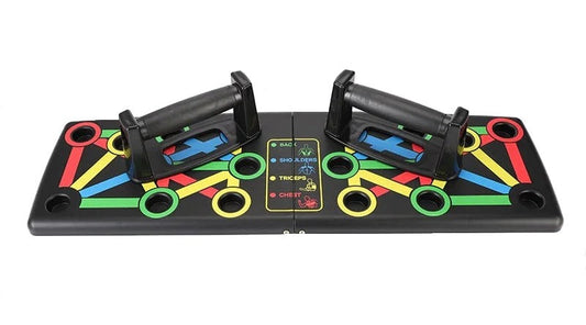 Black folding push-up board with color-coded slots for specific muscle groups and two ergonomic black grip handles.