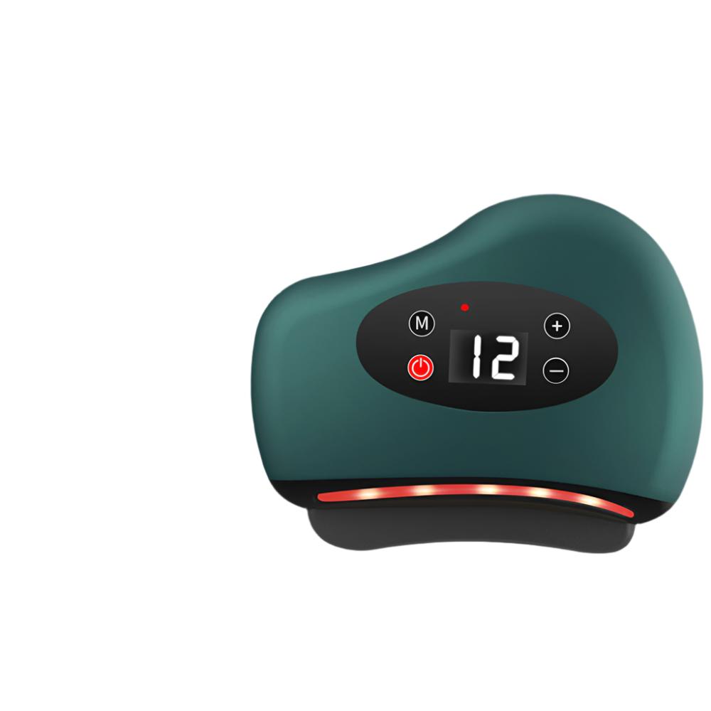 Fitlybuy green electric Gua Sha massager with LED display, control buttons, and red heat therapy light on white background.