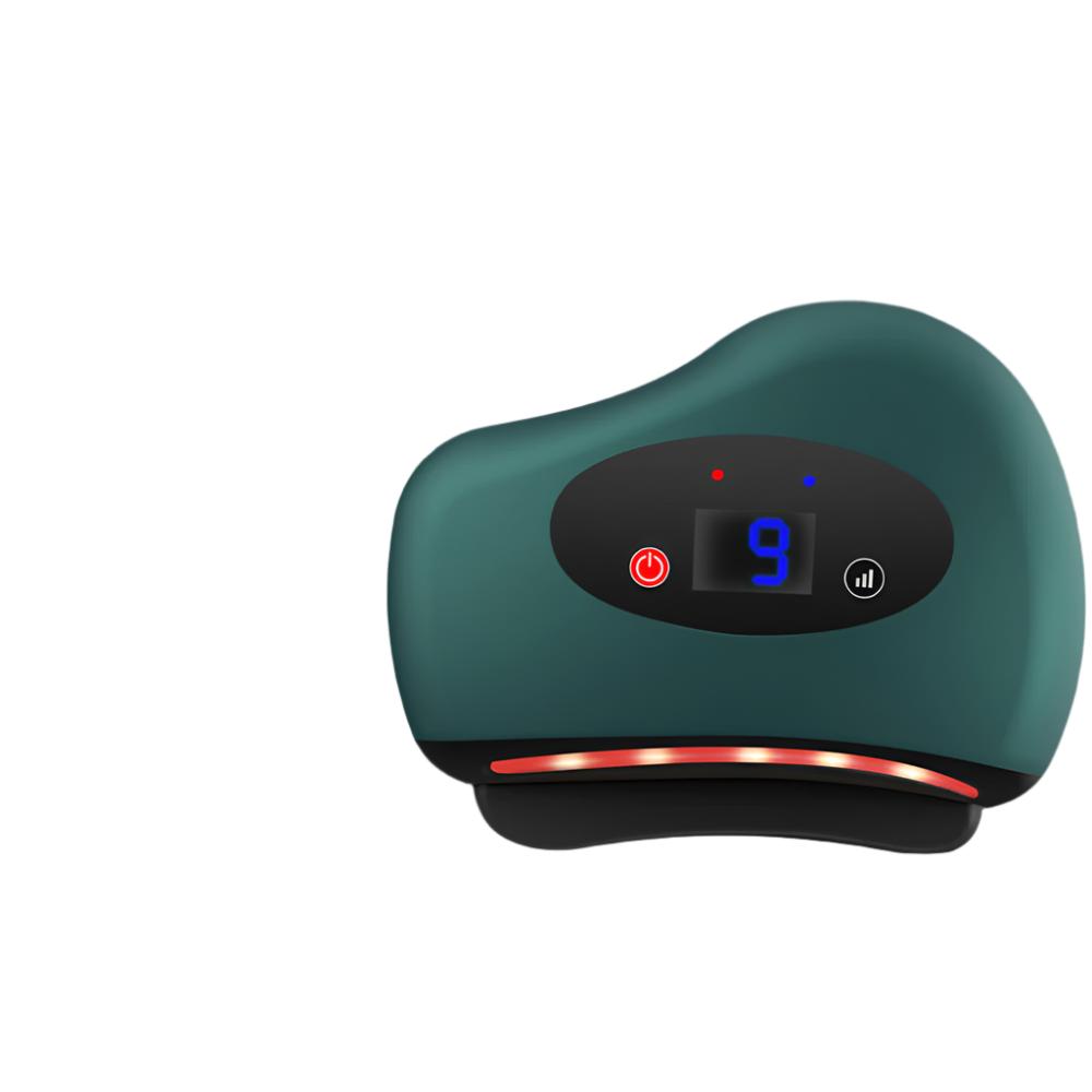Fitlybuy dark green electric Guasha massager with digital display, power/intensity buttons, and red heat therapy strip.