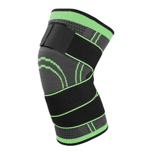 Fitlybuy grey and lime green knee compression sleeve with adjustable black support straps on a white background.