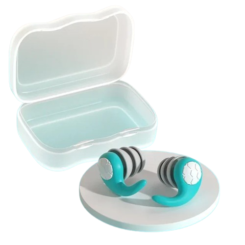 Fitlybuy turquoise noise-canceling sleep earplugs with foam tips and a white carrying case on a pedestal.