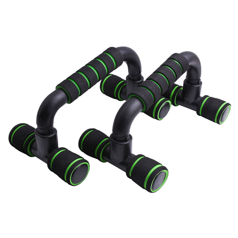 Pair of black Fitlybuy push-up stands with ergonomic green-rimmed foam grips for non-slip stability on white background.