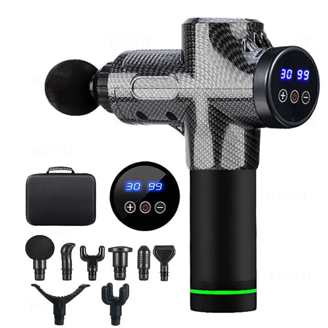 Fitlybuy ProMassage X1: Black carbon fiber massage gun with digital display, carry case, and 8 interchangeable heads.
