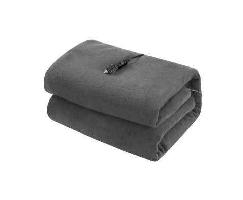 Folded dark grey Fitlybuy electric car throw blanket with 12V cigarette lighter plug for RapidHeat power.