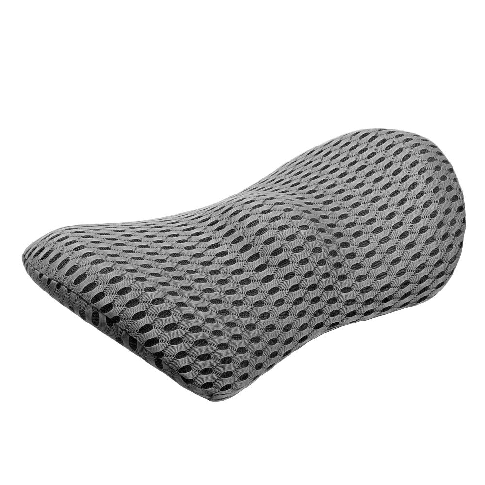 Grey, ergonomic memory foam lumbar support pillow with a breathable, textured mesh cover against a white background.