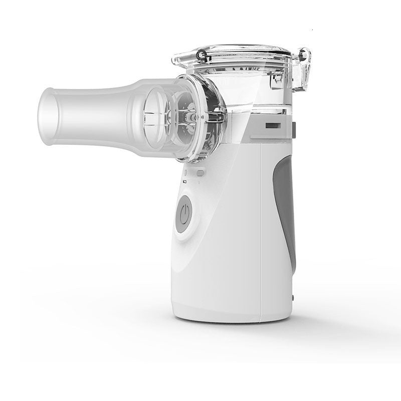 Fitlybuy white handheld portable nebulizer with clear mouthpiece and quiet mist technology isolated on white.