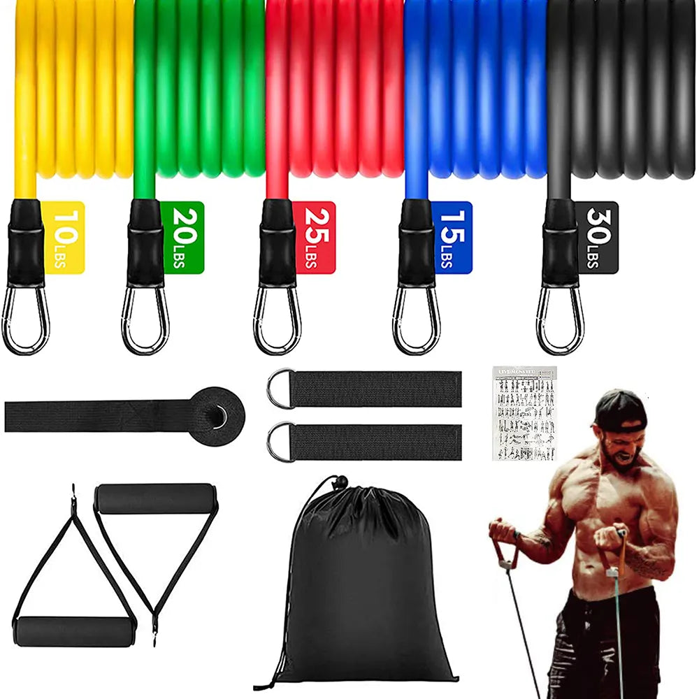 Fitlybuy 11-piece resistance band set: color-coded bands (10-30 lbs) with handles, anchors, and carry bag.