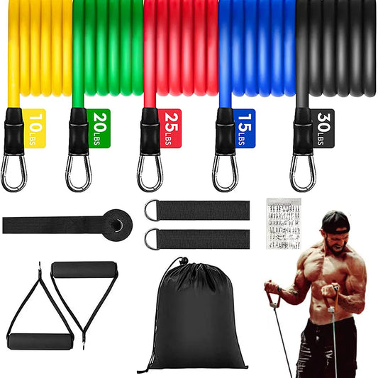 Fitlybuy 11-piece resistance band set: color-coded bands (10-30 lbs) with handles, anchors, and carry bag.