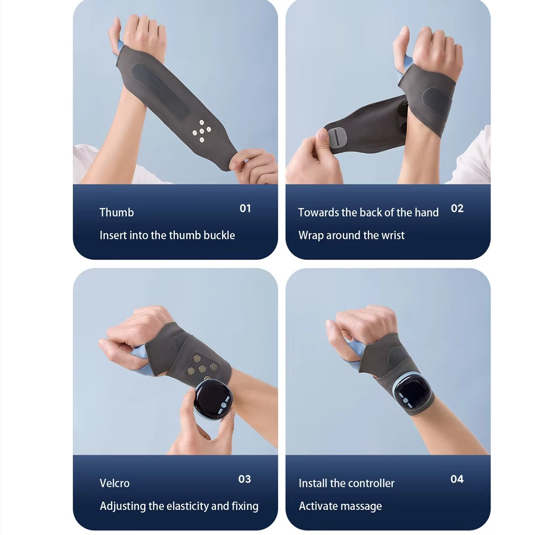 Four-step guide for Fitlybuy grey EMS heating wrist brace, showing thumb insertion, wrapping, and controller setup.