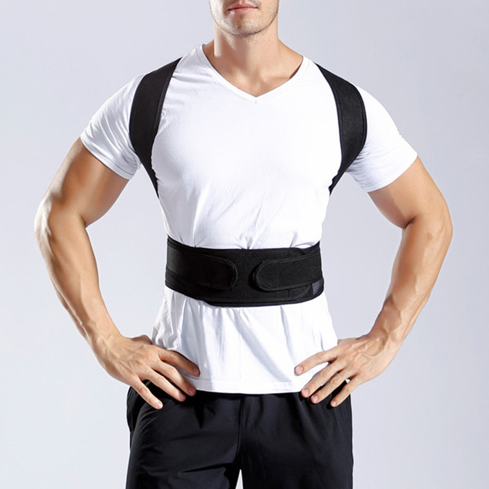 Fitlybuy Posture Corrector Pro: Black ergonomic shoulder and waist support worn over a white t-shirt.
