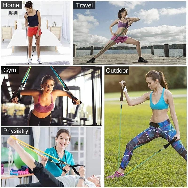 Fitlybuy 11-piece resistance band set with comfort handles, shown in use for home, travel, gym, and physio workouts.