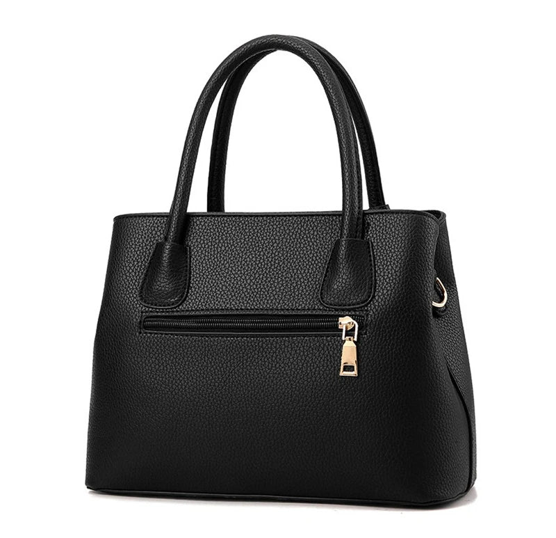 Fitlybuy Emily black pebbled PU leather handbag with top handles, gold zipper details, and a structured design.