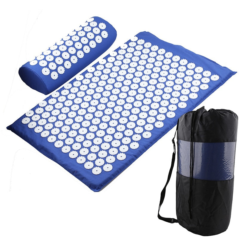 Blue Fitlybuy acupressure mat and pillow with white pressure discs, plus a black carrying bag for storage and travel.