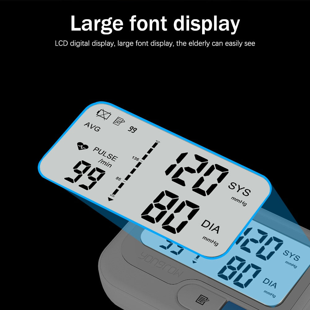 Fitlybuy wrist blood pressure monitor showing a large, easy-to-read LCD screen with clear systolic and pulse readings.