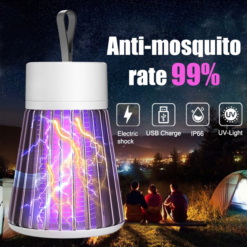 Fitlybuy Mosquito Trap Lamp: White portable UV light device with electric shock grid, shown at a campsite.