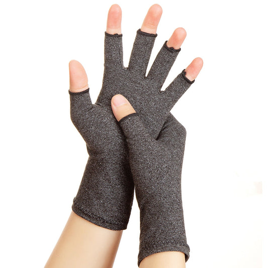 Pair of gray fingerless compression arthritis gloves with ThermoFlex fabric on a person's hands.