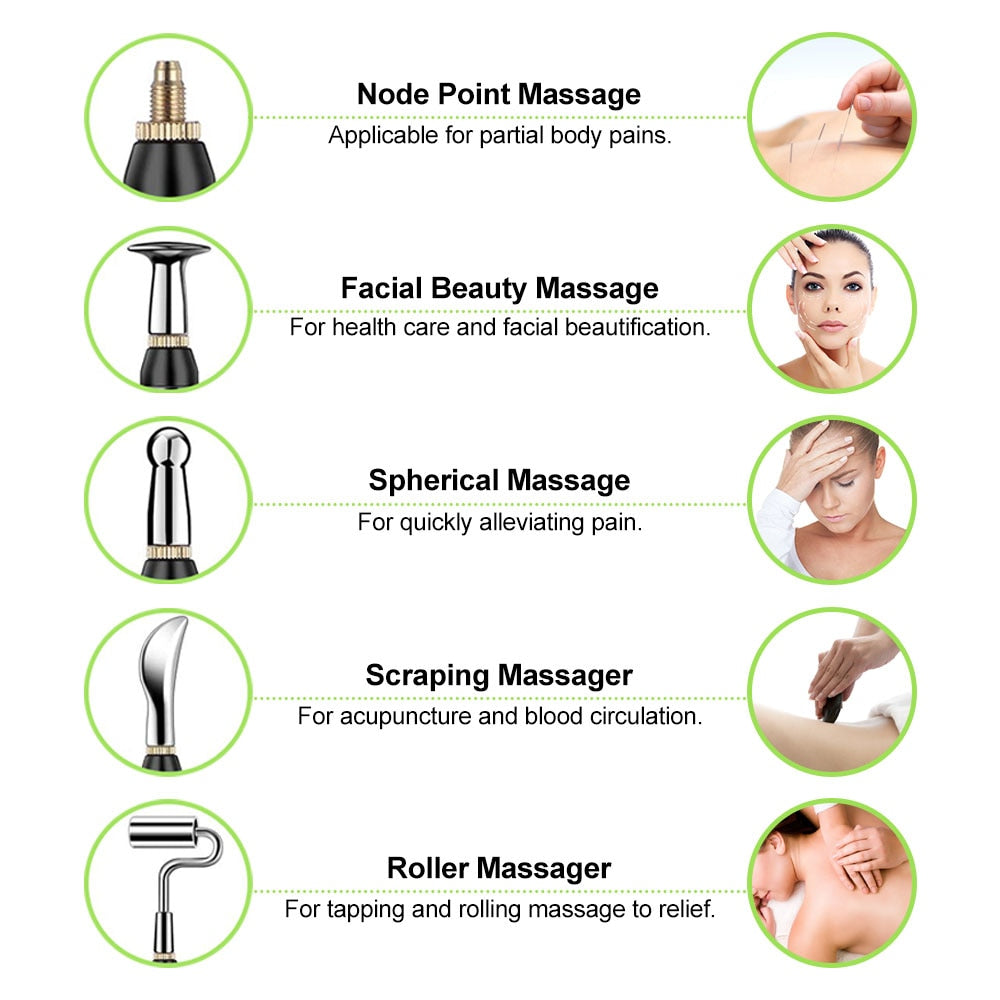 Fitlybuy Laser Acupuncture Pen with 5 interchangeable massage heads for pain relief, facial beauty, and muscle therapy.