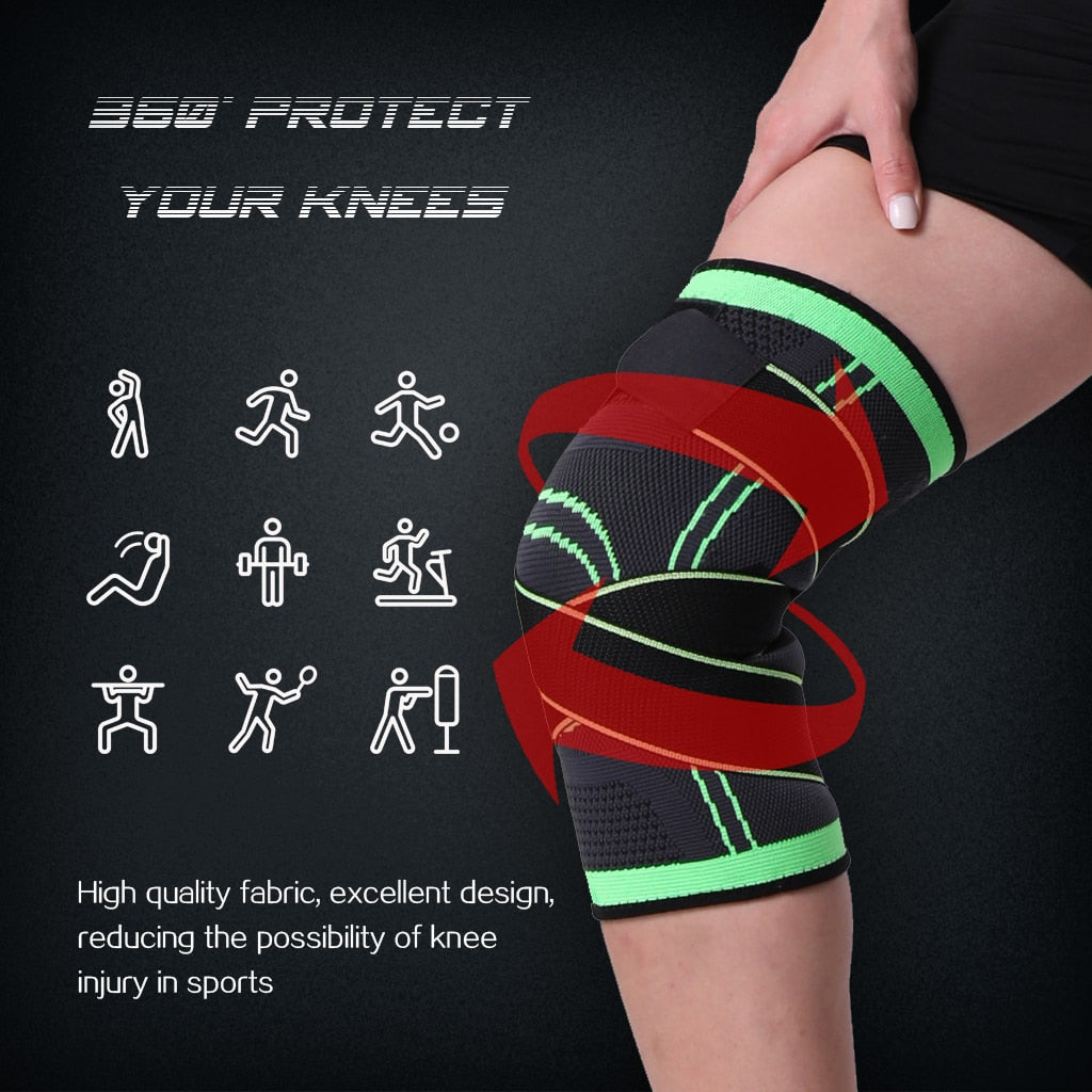 Fitlybuy black and neon green compression knee brace worn on a leg, promoting 360-degree protection for sports.