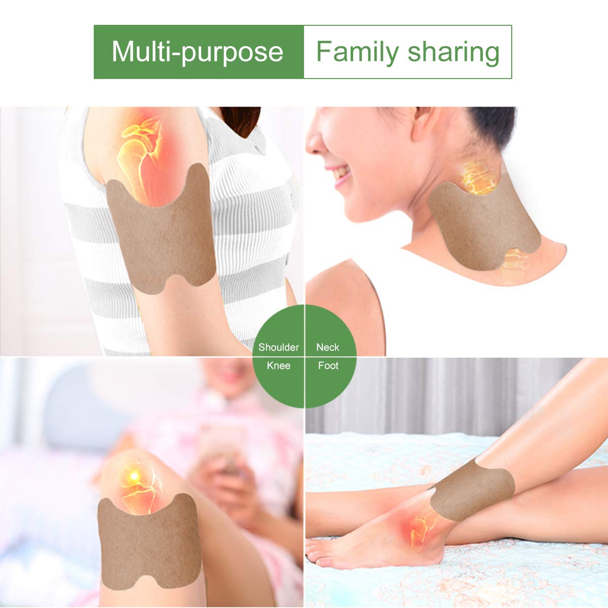 Fitlybuy beige herbal wormwood pain relief patches applied to a shoulder, neck, knee, and ankle for joint relief.