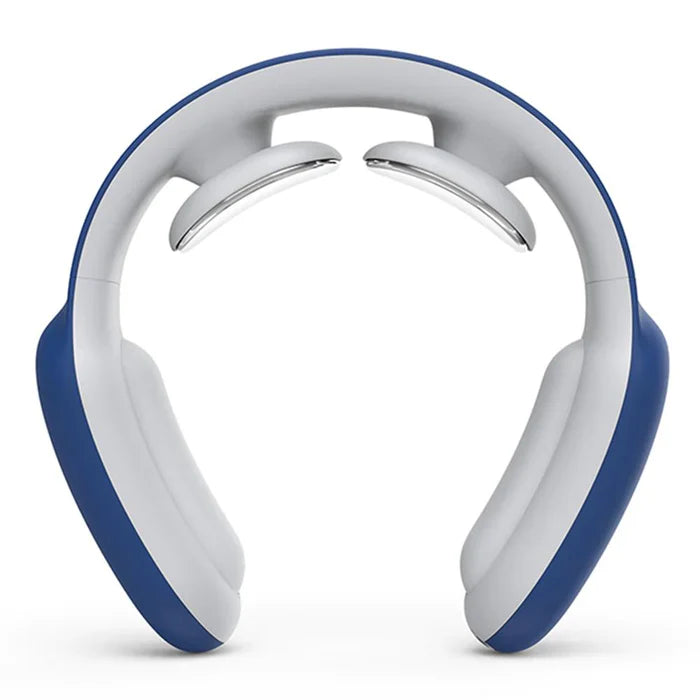Blue and white U-shaped smart neck massager with two metallic heated nodes for pain relief on a white background.