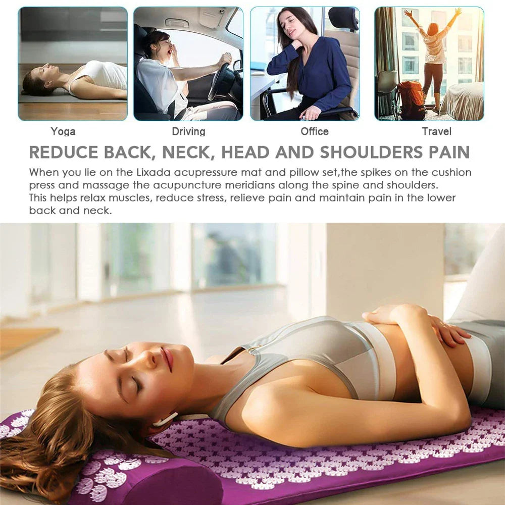 Fitlybuy purple acupressure yoga mat and pillow set with white ergonomic spikes, shown in use for pain relief.
