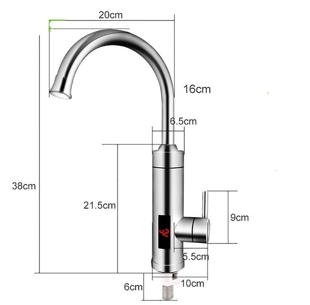 Fitlybuy electric silver kitchen faucet with a digital temperature display, shown with technical dimensions in centimeters.