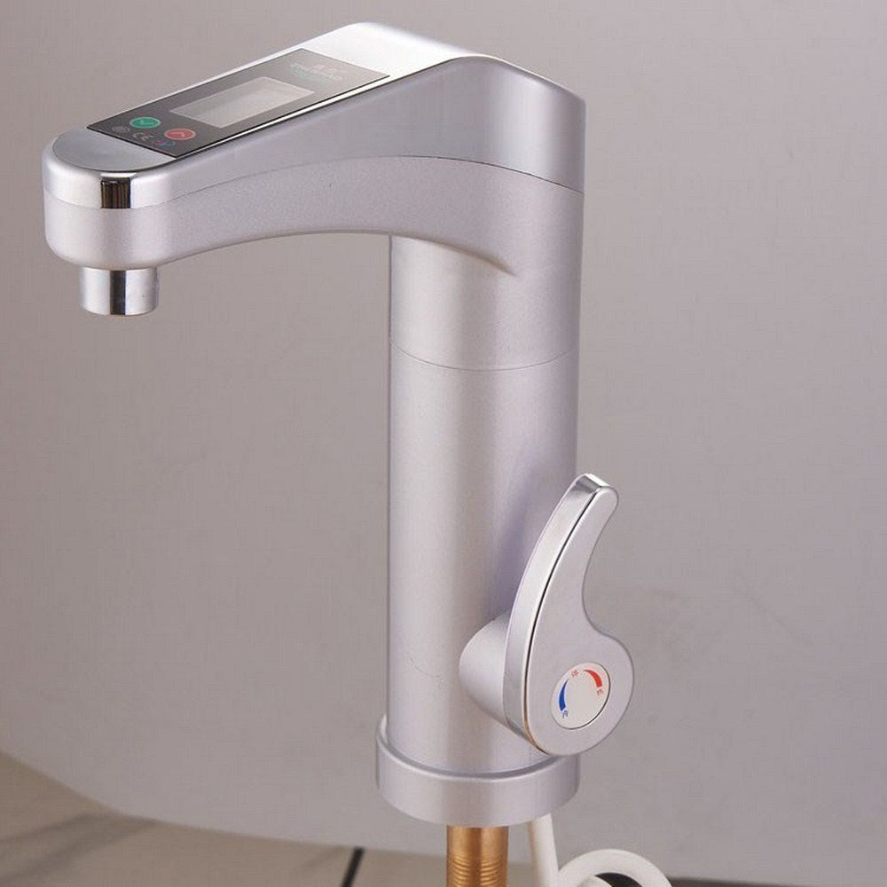 Silver electric instant hot water tap with LED temperature display, top touch controls, and side lever handle.