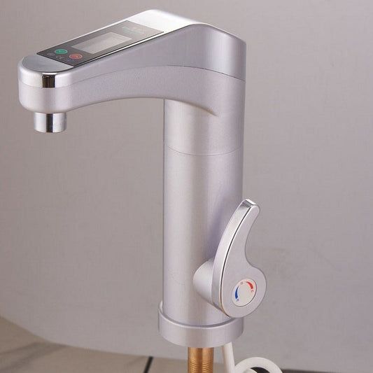 Silver electric instant hot water tap with LED temperature display, top touch controls, and side lever handle.