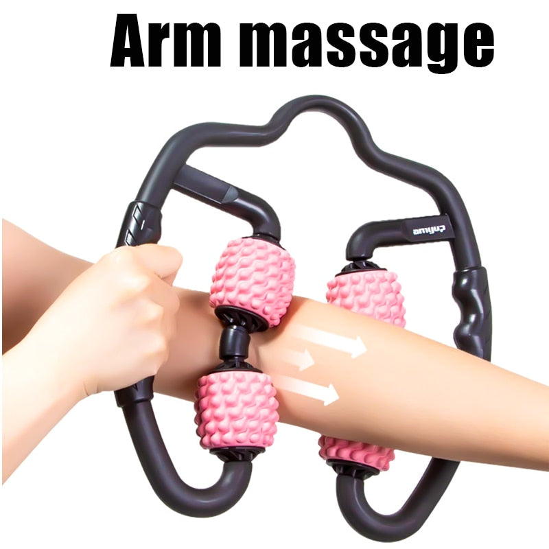 Black U-shape trigger point massage roller with pink textured rollers massaging a human arm.
