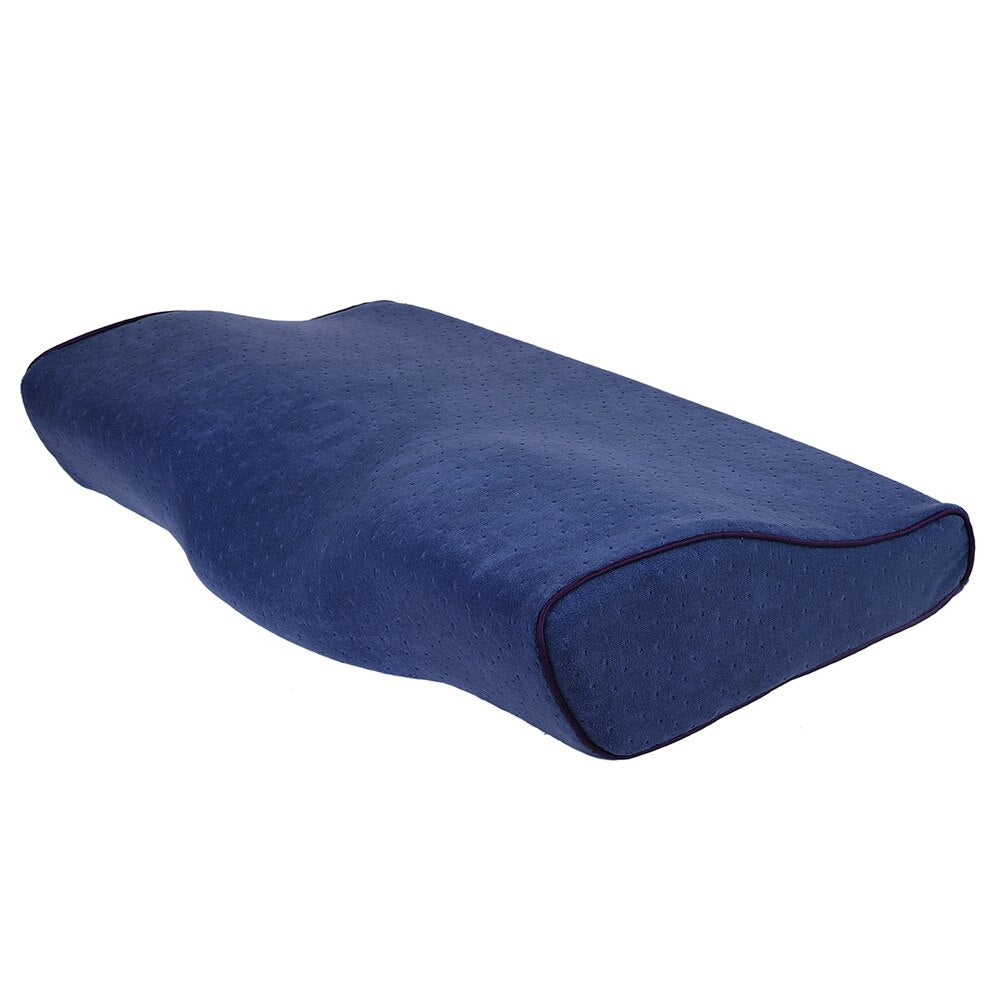 Fitlybuy Dream Align navy blue contoured memory foam pillow with adaptive support and dark purple piped edges.