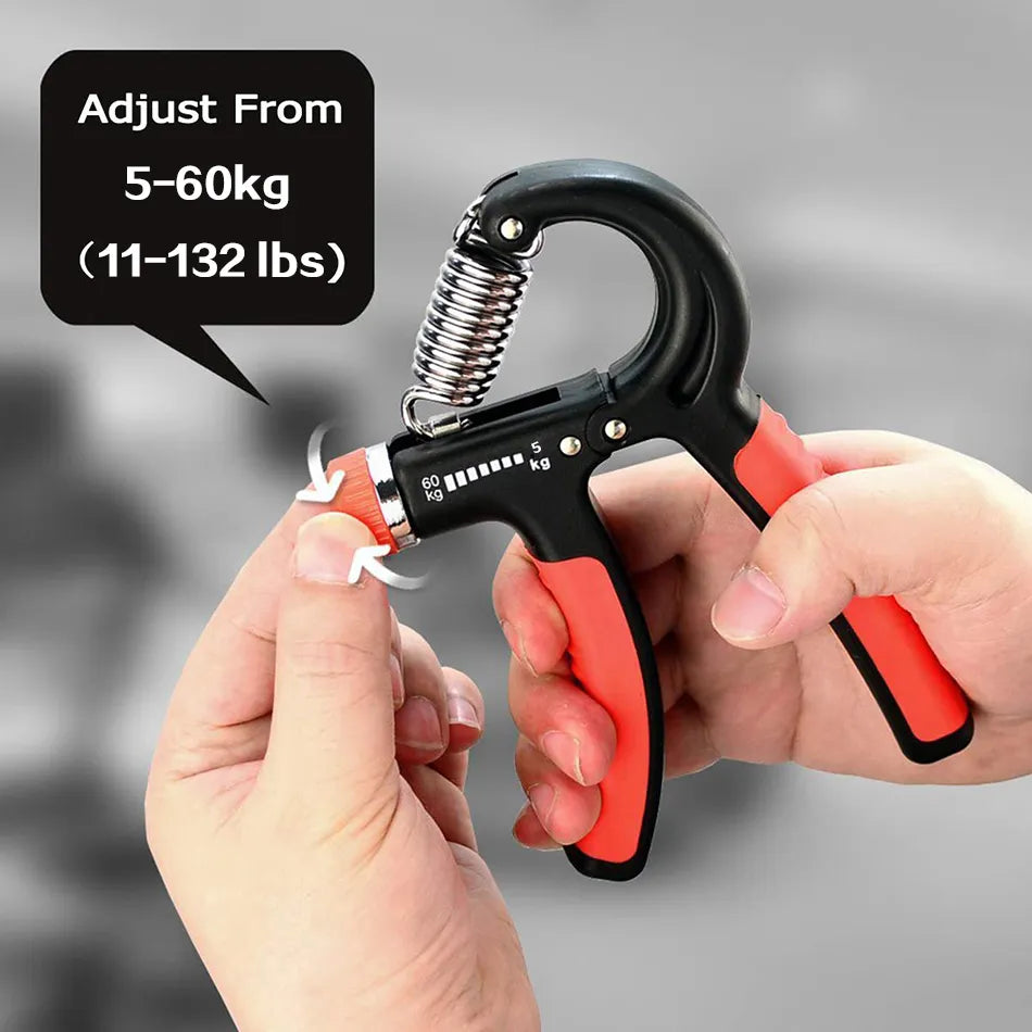 Fitlybuy adjustable black and red hand gripper for strength training, showing 5-60kg resistance adjustment.