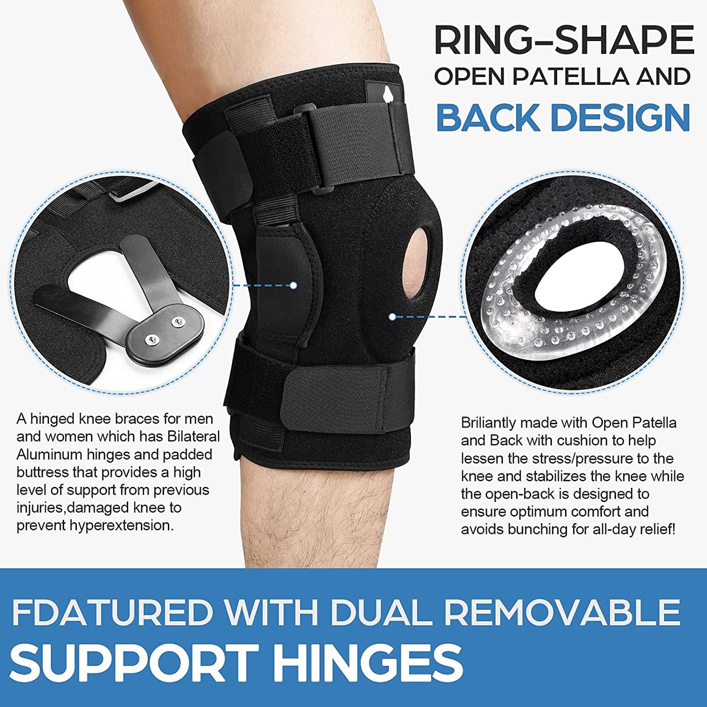 Black Fitlybuy hinged knee brace with open patella, removable aluminum support hinges, and comfort cushioning.