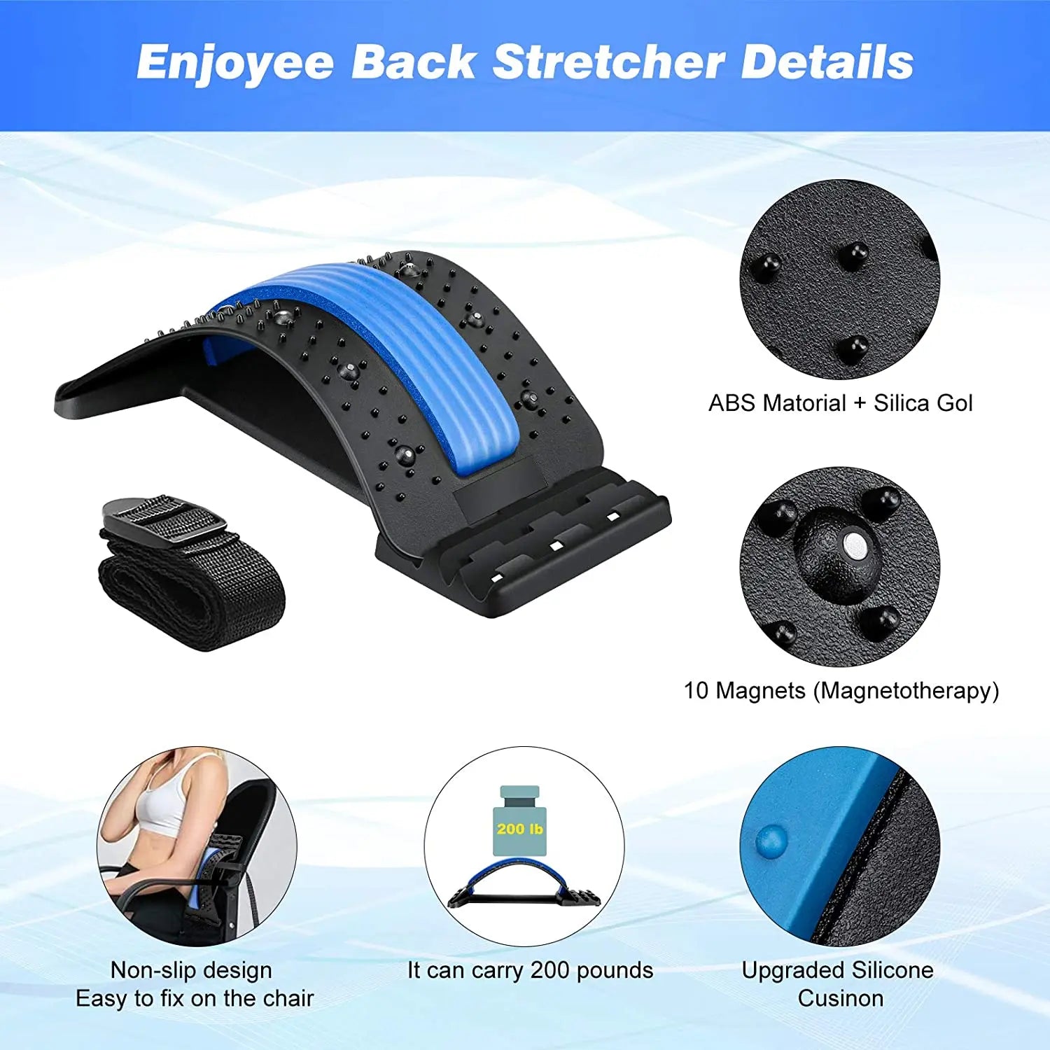 Fitlybuy black and blue arched back stretcher with magnets, silicone cushion, and chair strap for lumbar relief.