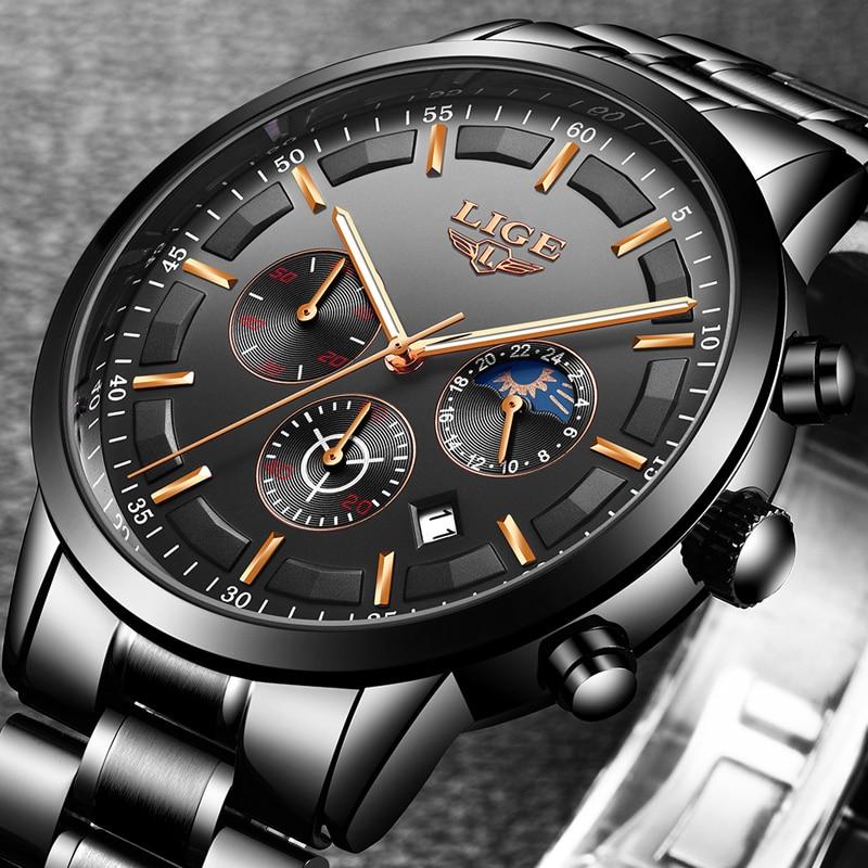 Fitlybuy VanguardTime military watch with a black steel band, grey dial, gold accents, and multi-functional chronographs.