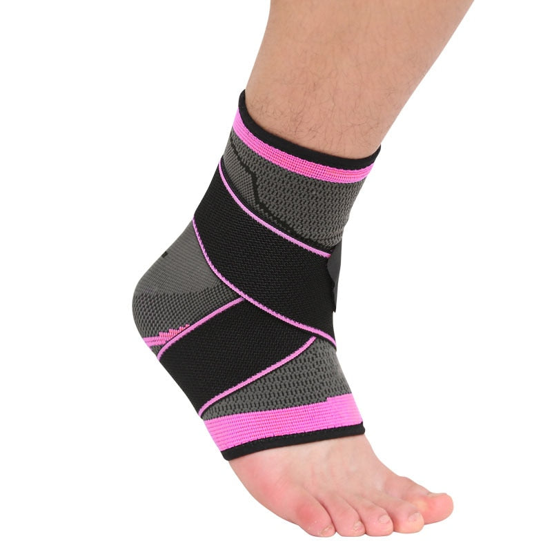 Fitlybuy gray and black compression ankle brace with pink trim and adjustable stabilizing wrap on a person's foot.