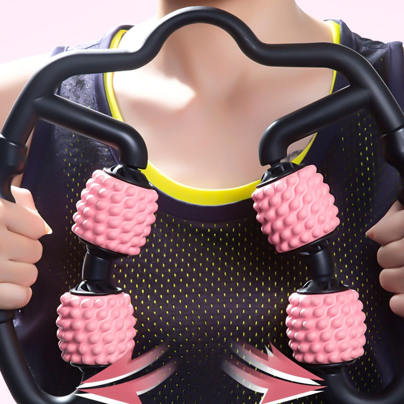 Fitlybuy U-shape trigger point massage roller with four textured pink massage wheels for muscle relief and recovery.