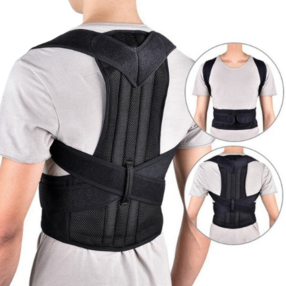 Fitlybuy black ergonomic posture corrector worn over a grey shirt, featuring adjustable back and waist support straps.