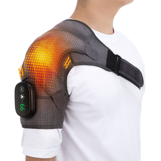 Gray Fitlybuy heating shoulder brace with Vibration Therapy, digital display, and glowing heat effect on a person.