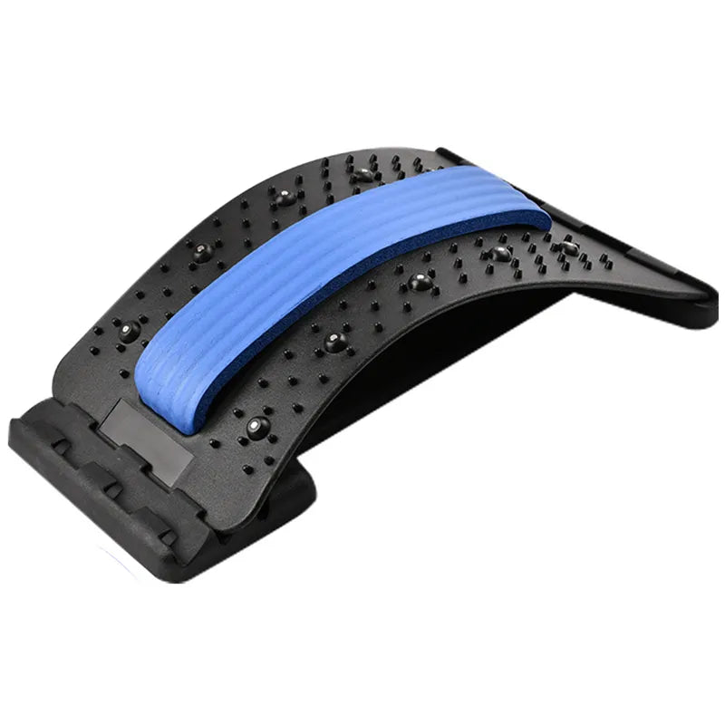 Fitlybuy black arched back stretcher with blue foam spine cushion and acupressure massage nubs on a white background.