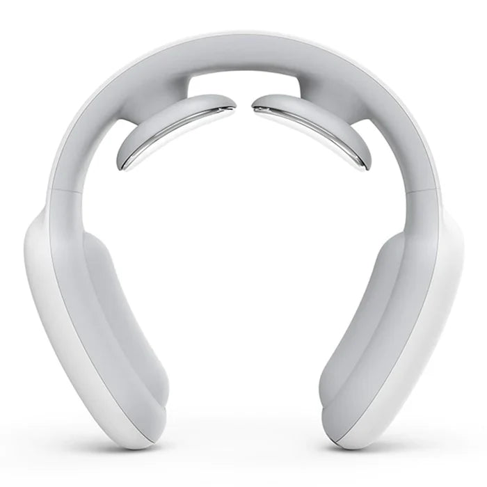 Fitlybuy white U-shaped smart electric neck massager with two metallic heated massage nodes on a white background.