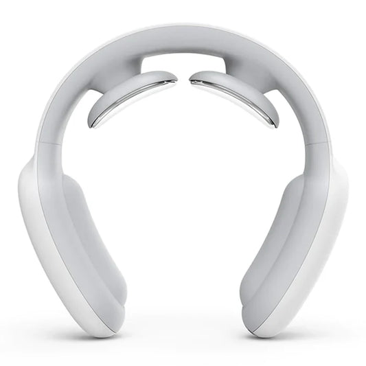 Fitlybuy white U-shaped smart electric neck massager with two metallic heated massage nodes on a white background.