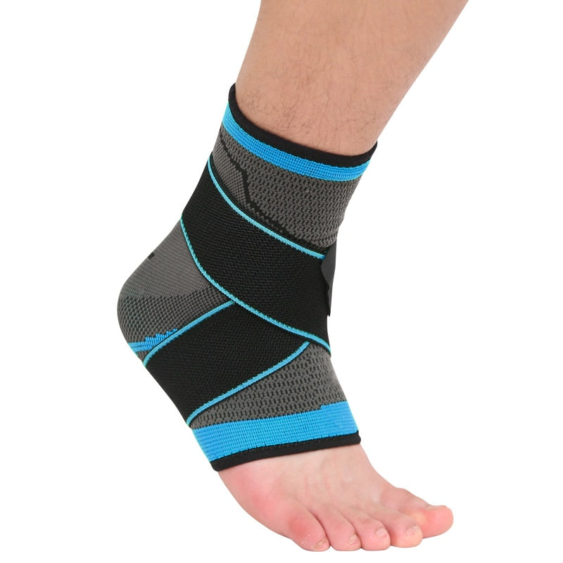 Fitlybuy ankle compression brace in grey and black with blue trim, worn on a foot to provide stabilizing support.