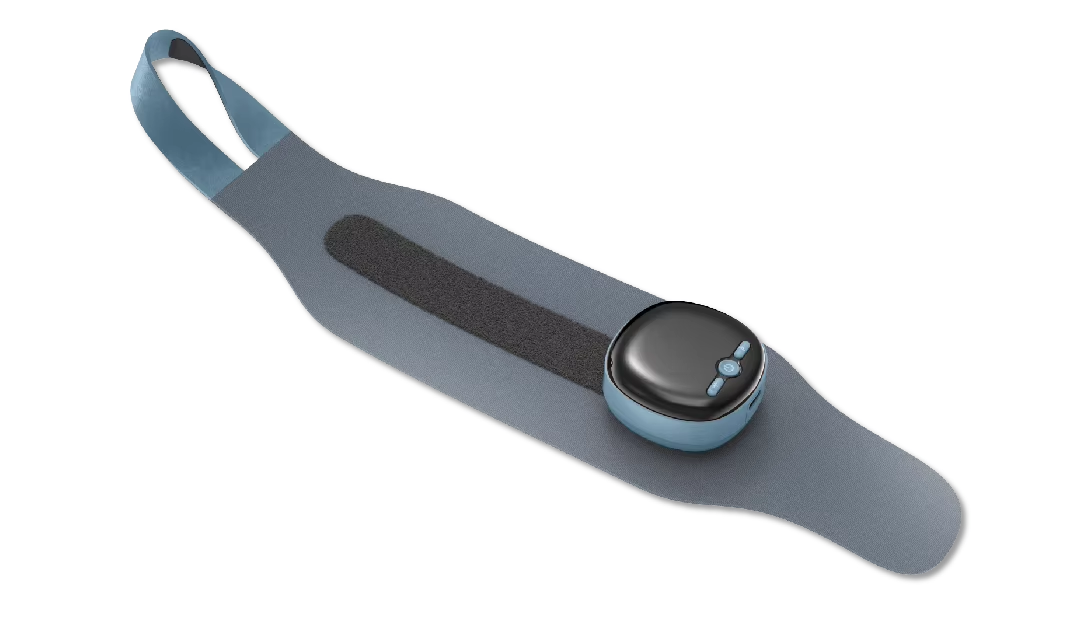 Fitlybuy blue wrist brace with black EMS heating controller featuring power and intensity buttons on a black background.